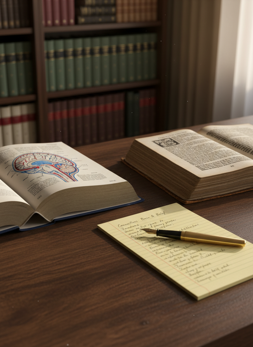 A meticulously arranged wooden desk in a quiet study, featuring an open, cloth-bound medical textbook displaying a detailed anatomical brain diagram beside a worn, gilt-edged seventeenth-century theology volume opened to a Latin page. A fountain pen rests across a yellow legal pad filled with neat handwritten notes. In the background, shelves of organized books fade into a soft blur. Late afternoon natural light enters from an unseen window, casting gentle, directional light and long, calm shadows across the desk surface. Shot at eye level with a shallow depth of field, photographic realism, and a clean, modern yet scholarly aesthetic that conveys thoughtful, interdisciplinary research at the intersection of medicine, religion, and history.