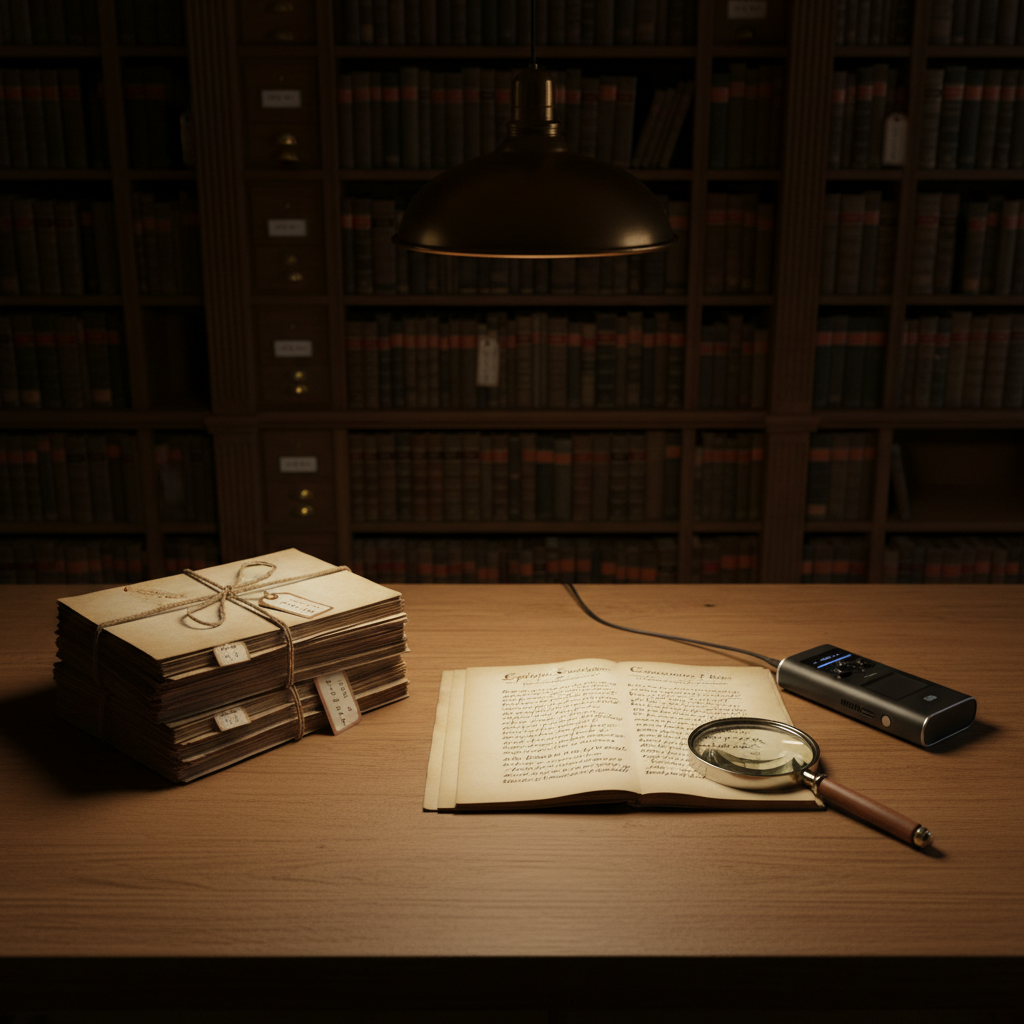 A dimly lit archival reading room table with several neatly stacked seventeenth-century case files bound in faded twine, each folder labeled with small handwritten tags indicating dates and locations. In the center, a single file lies open to a page describing detailed epileptic semiology in dense, period handwriting. A modern magnifying glass and a slim, silver digital voice recorder rest nearby. Overhead, a focused pool of warm, pendant light illuminates the workspace, leaving surrounding shelves and card catalogs in soft shadow. Captured from a slightly elevated angle with moderate depth of field, the image uses photographic realism to create a calm, investigative atmosphere of careful historical medical research.
