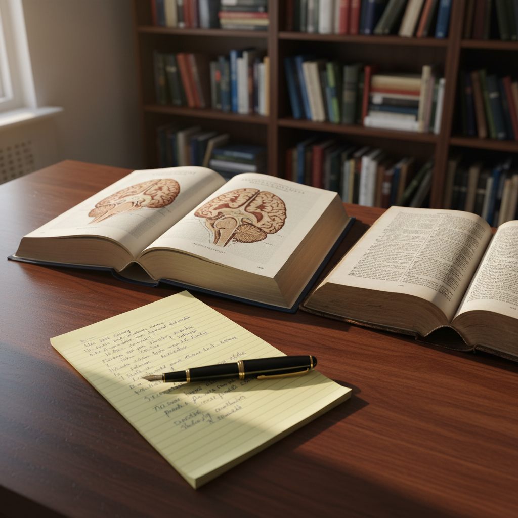 A meticulously arranged wooden desk in a quiet study, featuring an open, cloth-bound medical textbook displaying a detailed anatomical brain diagram beside a worn, gilt-edged seventeenth-century theology volume opened to a Latin page. A fountain pen rests across a yellow legal pad filled with neat handwritten notes. In the background, shelves of organized books fade into a soft blur. Late afternoon natural light enters from an unseen window, casting gentle, directional light and long, calm shadows across the desk surface. Shot at eye level with a shallow depth of field, photographic realism, and a clean, modern yet scholarly aesthetic that conveys thoughtful, interdisciplinary research at the intersection of medicine, religion, and history.