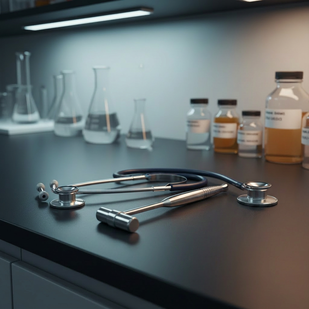 A polished, stainless-steel neurological reflex hammer and a stethoscope arranged carefully beside a small wooden crucifix and a rosary on a dark, matte laboratory workbench. Behind them, blurred glass labware and neatly labeled specimen jars suggest a contemporary clinical research space. Cool, diffused overhead lighting combines with a soft side light, creating delicate highlights on the metal instruments and subtle reflections on the glass. The composition uses the rule of thirds with a shallow depth of field to focus attention on the symbolic juxtaposition of medical tools and religious objects. The mood is contemplative and professional, with photographic realism and a restrained, modern aesthetic.